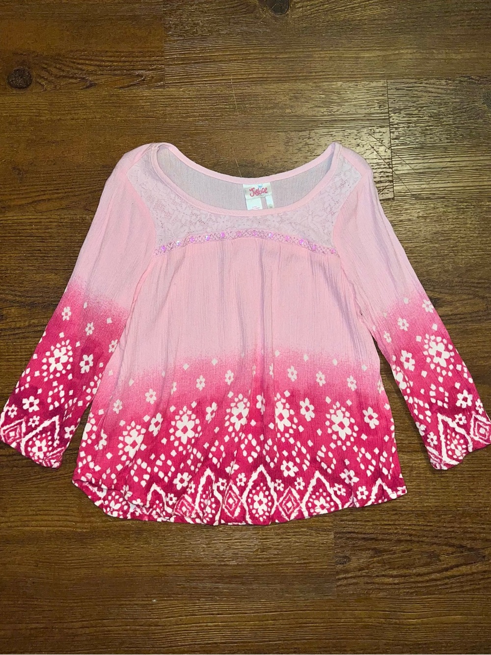 Justice Pink Ombre Floral Geometric Print Long Sleeve Blouse Girls Size 10